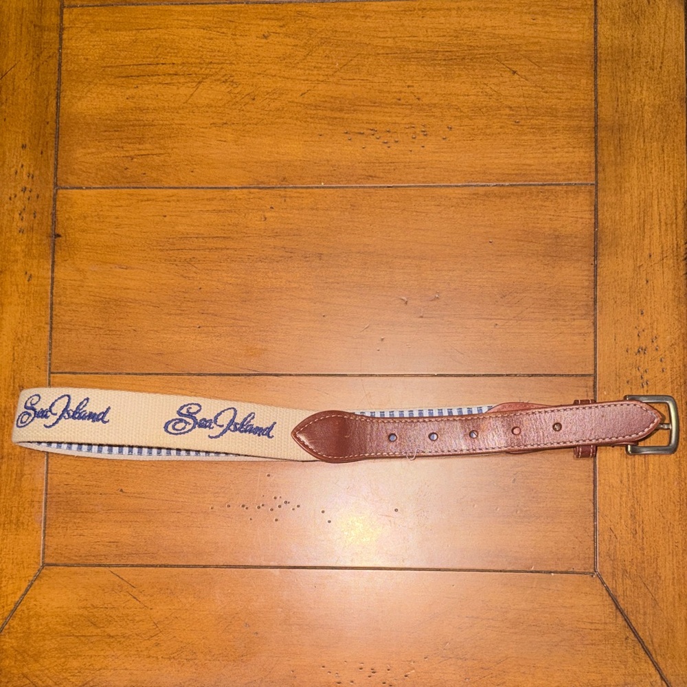 Kids Canvas Belt with Brown Leather Trim - Navy Embroidery